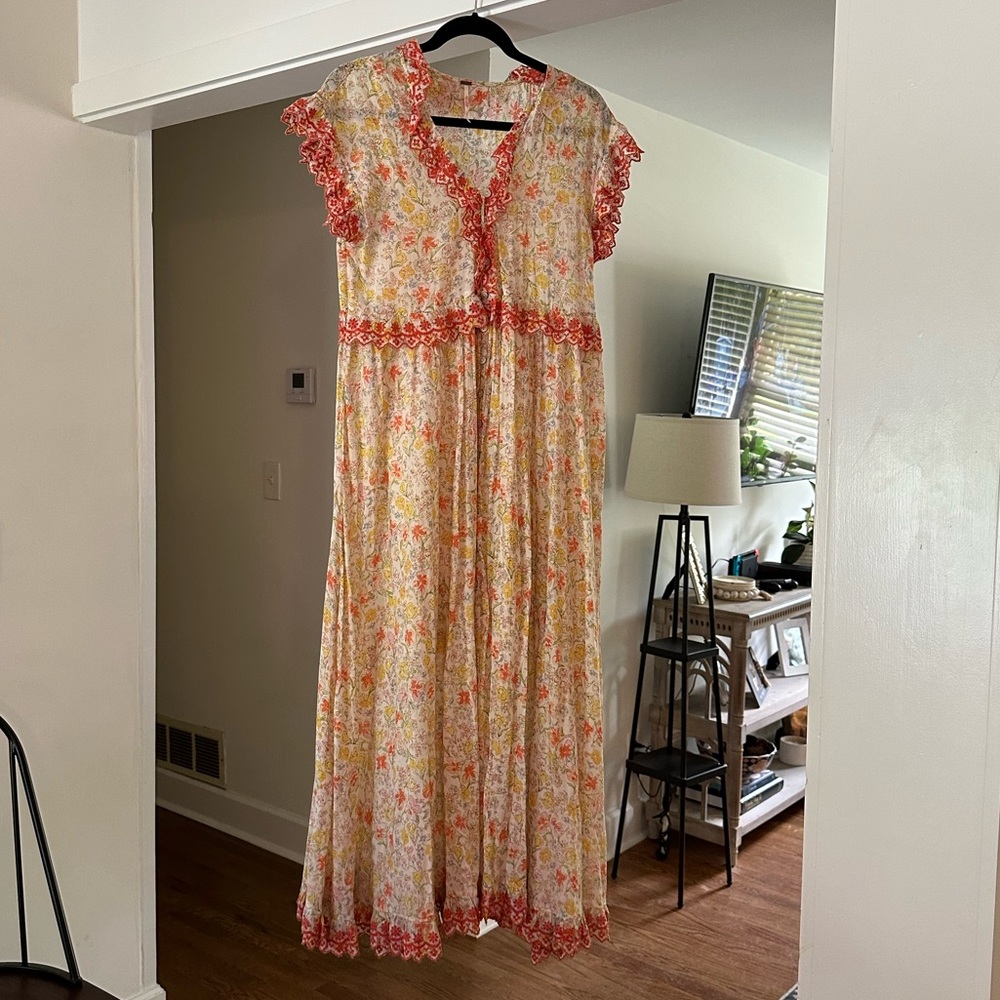 Free People Floral Maxi Dress with Coral Trim